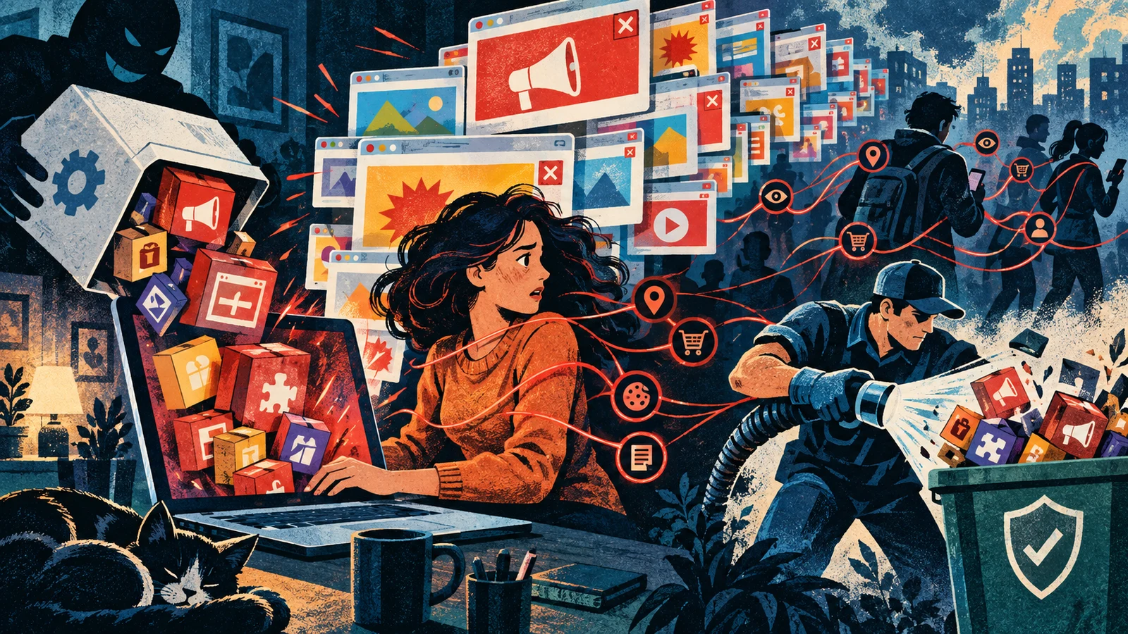 Illustrated cybersecurity scene for dware: Unwanted Ads, PUPs, and Bundling