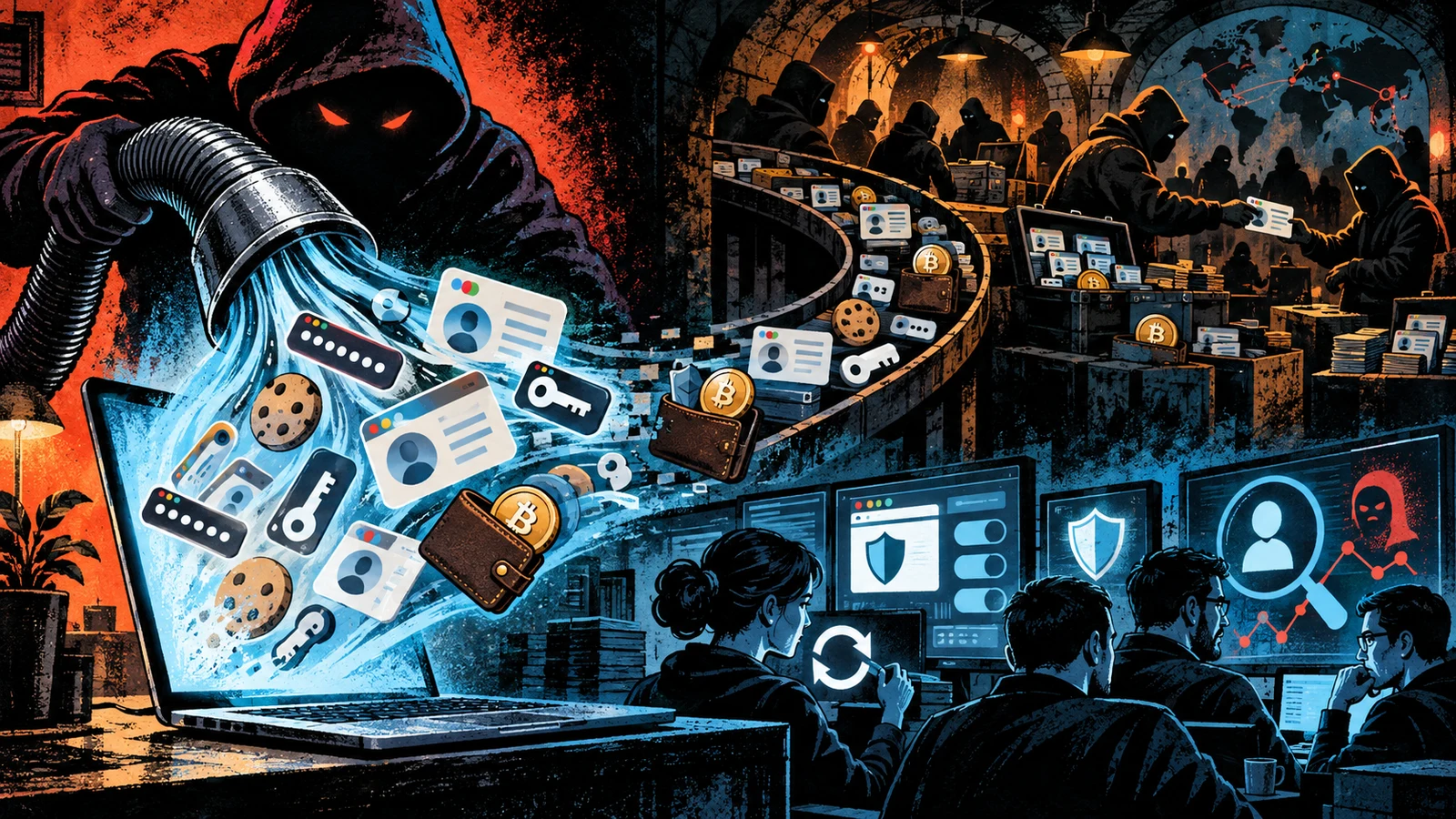 Illustrated cybersecurity scene for Infostealer: The Malware Behind Most Breaches