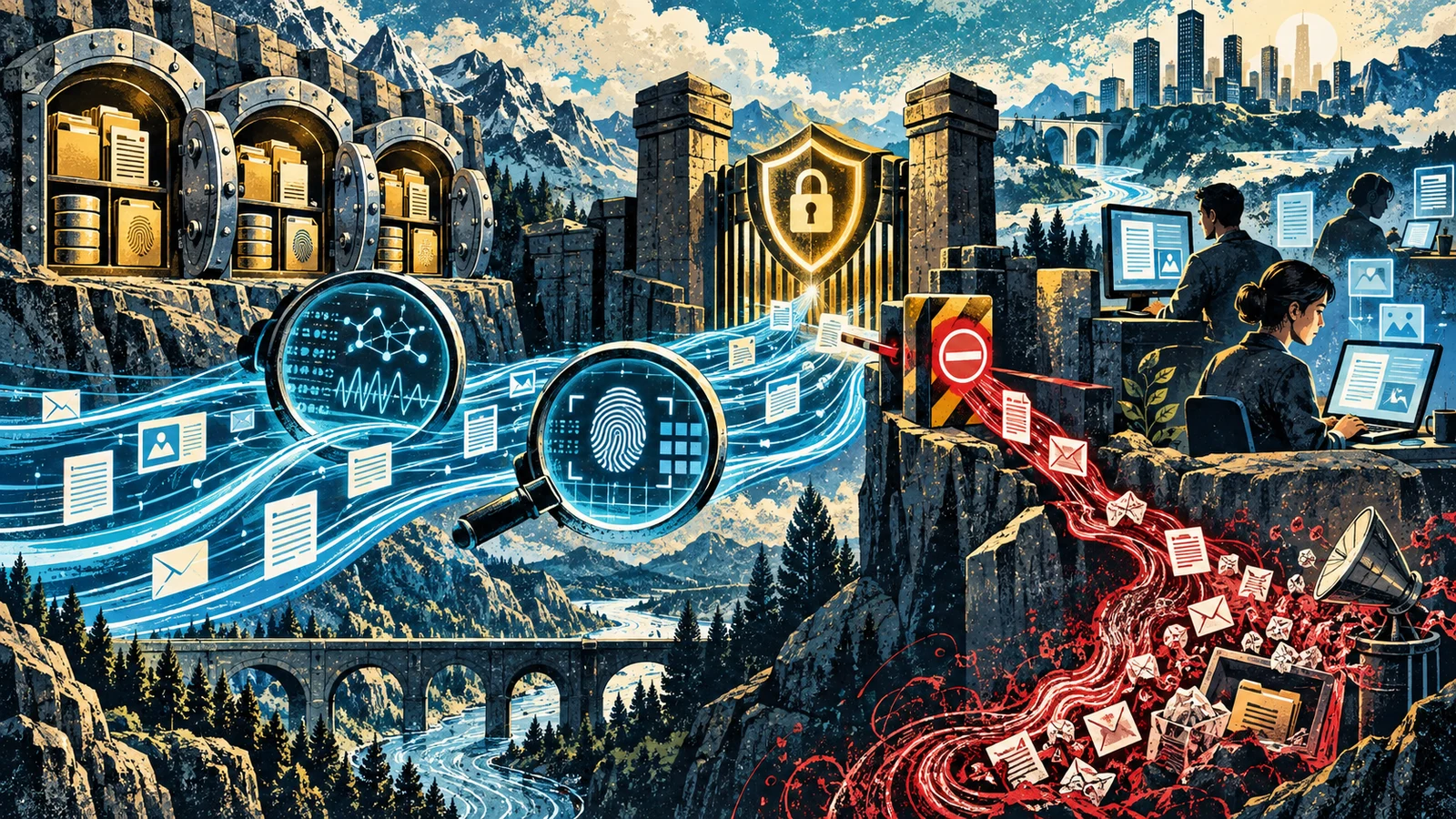 Illustrated cybersecurity scene for DLP: Data Loss Prevention Explained for Practitioners