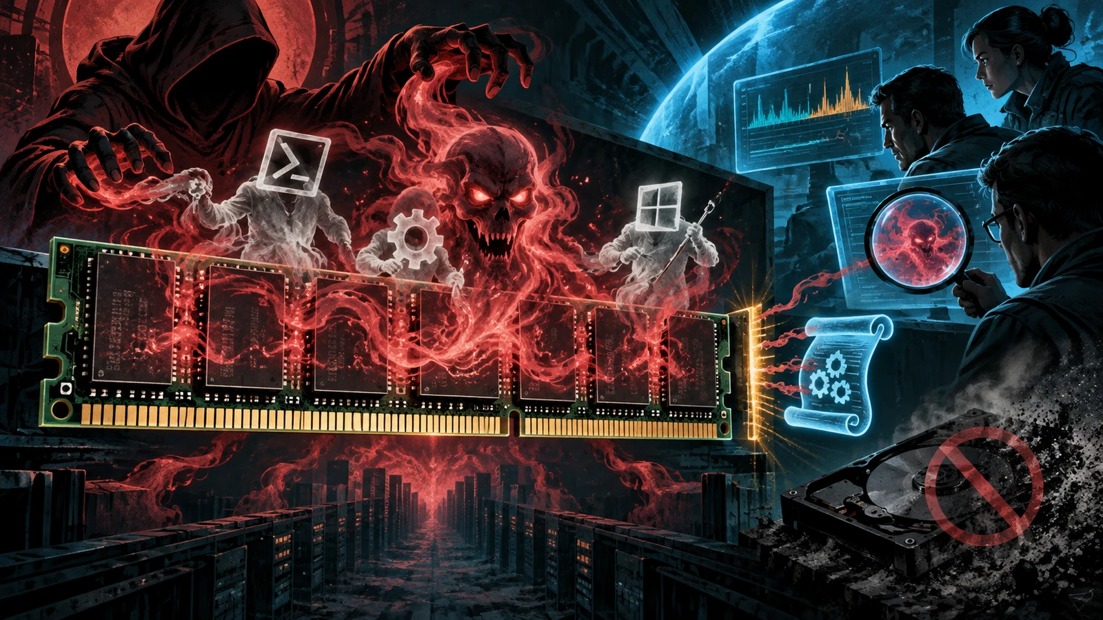 Illustrated cybersecurity scene for Fileless Malware: Memory-Only Attacks