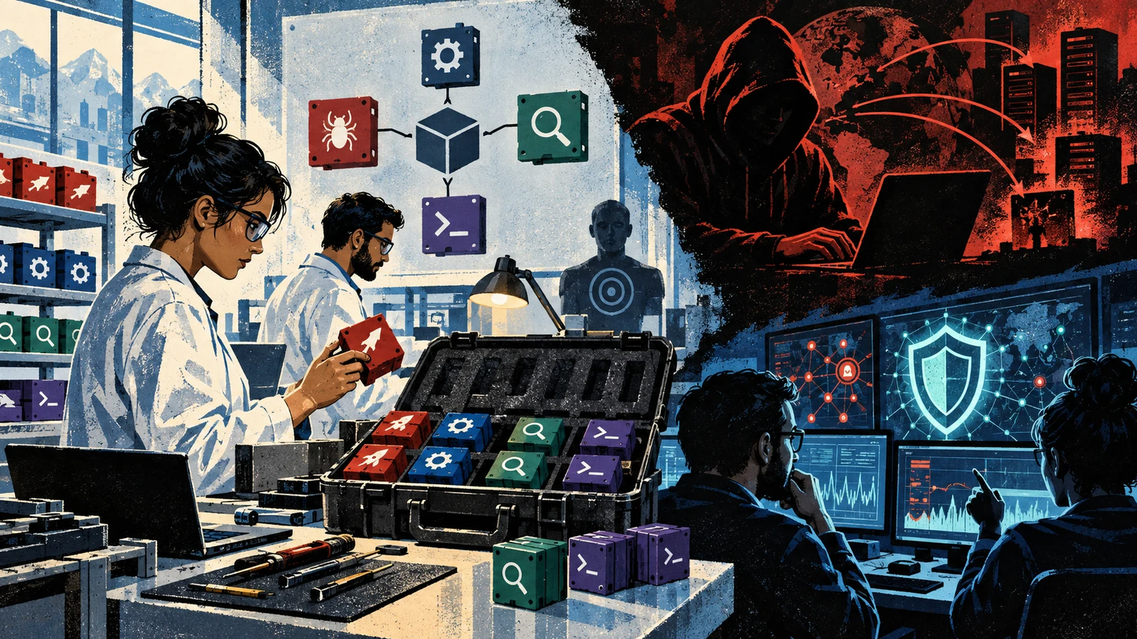 Illustrated cybersecurity scene for Metasploit: The Exploitation Framework Illustrated cybersecurity scene for Metasploit: The Exploitation Framework