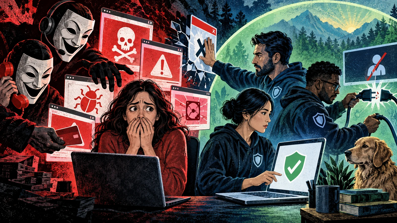 Illustrated cybersecurity scene for Scareware: Fake Alerts, Fake Antivirus, Real Damage Illustrated cybersecurity scene for Scareware: Fake Alerts, Fake Antivirus, Real Damage