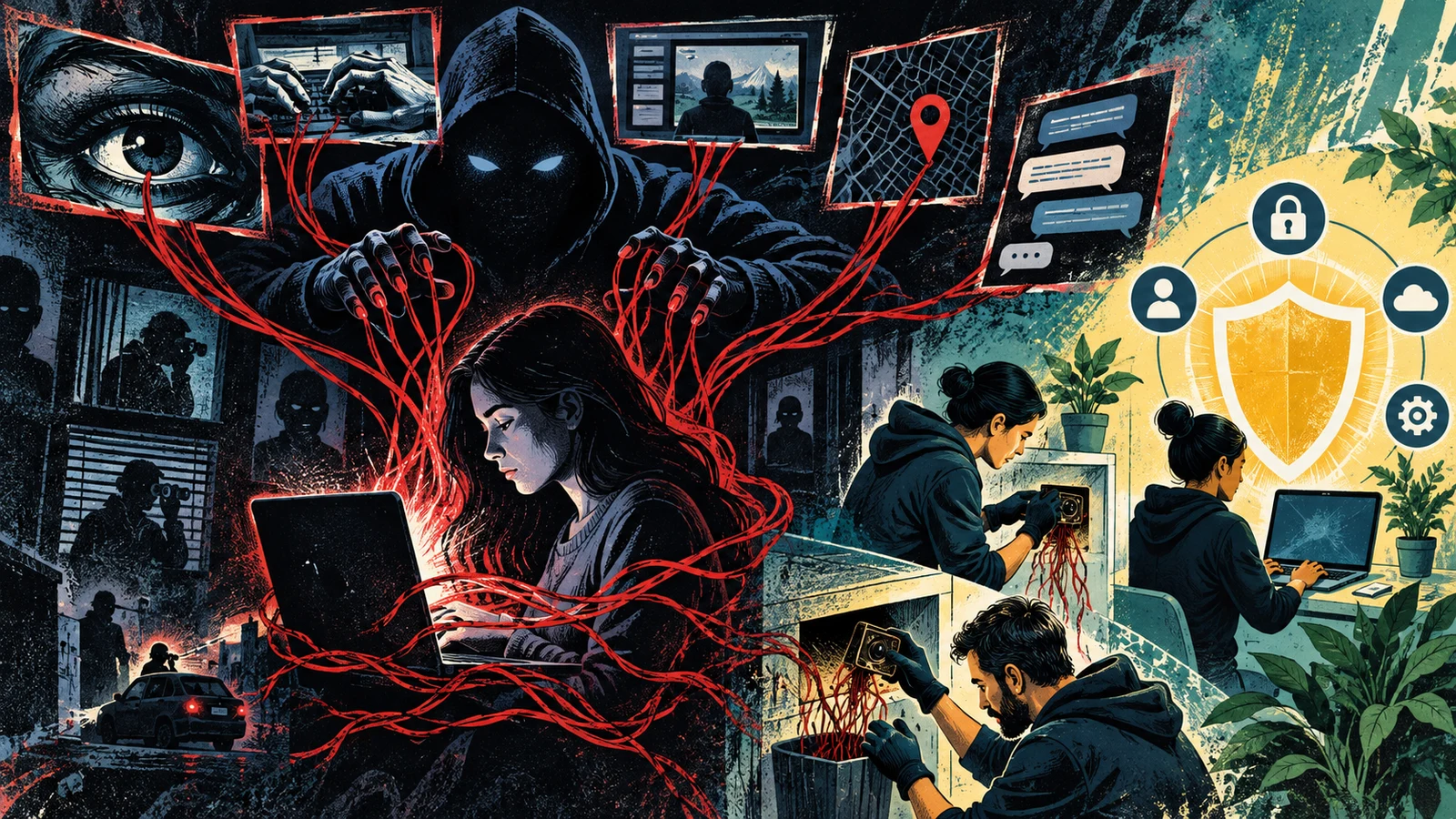 Illustrated cybersecurity scene for Spyware: Surveillance Malware and Stalkerware
