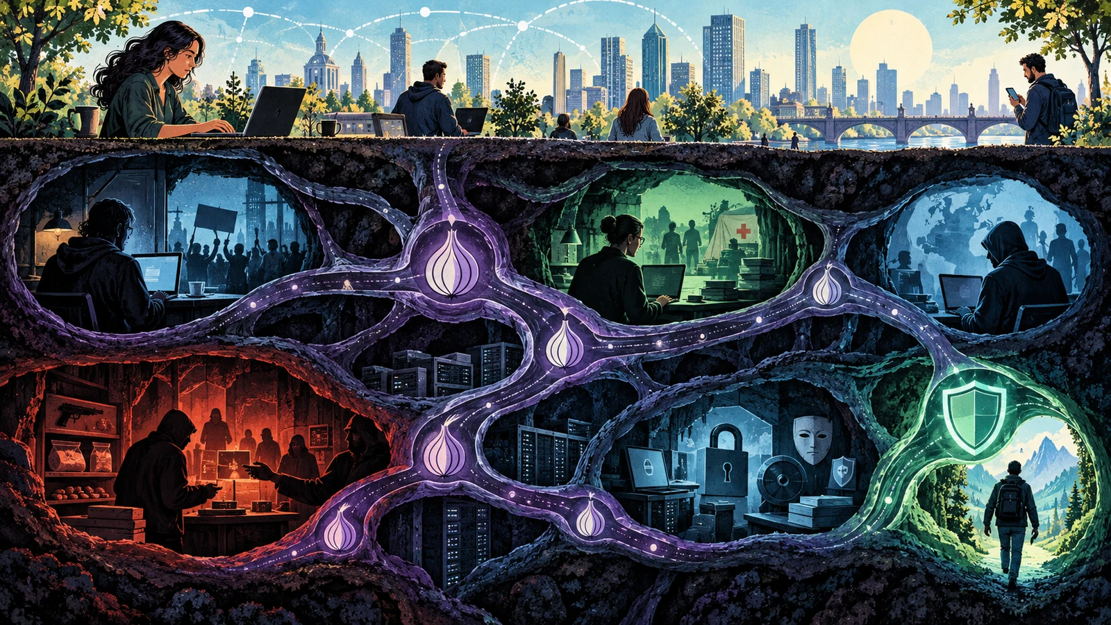 Illustrated cybersecurity scene for Dark Web and Is It Actually Dangerous Illustrated cybersecurity scene for Dark Web and Is It Actually Dangerous