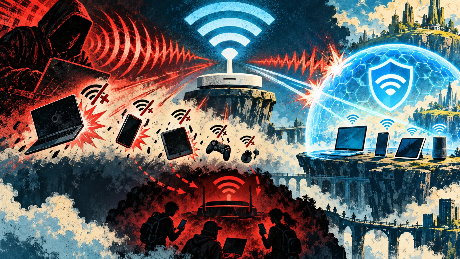 Illustrated cybersecurity scene for Wi-Fi Deauth Attacks: Deauth Frames & 802.11w Defense Illustrated cybersecurity scene for Wi-Fi Deauth Attacks: Deauth Frames & 802.11w Defense
