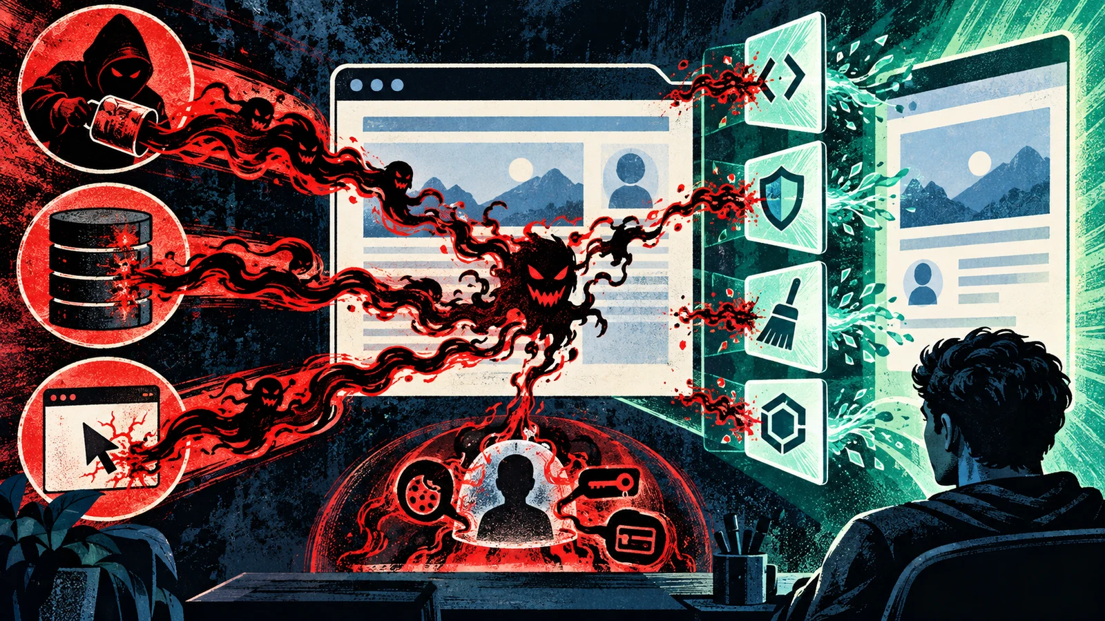 Illustrated cybersecurity scene for Cross-Site Scripting (XSS): Attack Types and Prevention Illustrated cybersecurity scene for Cross-Site Scripting (XSS): Attack Types and Prevention