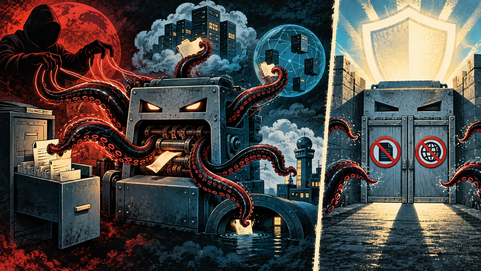 Illustrated cybersecurity scene for XXE Injection: XML External Entities, File Disclosure & SSRF