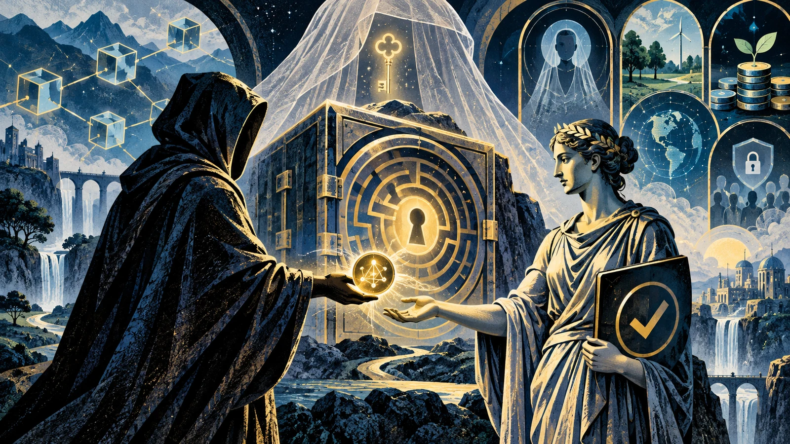 Illustrated cybersecurity scene for Zero-Knowledge Proofs