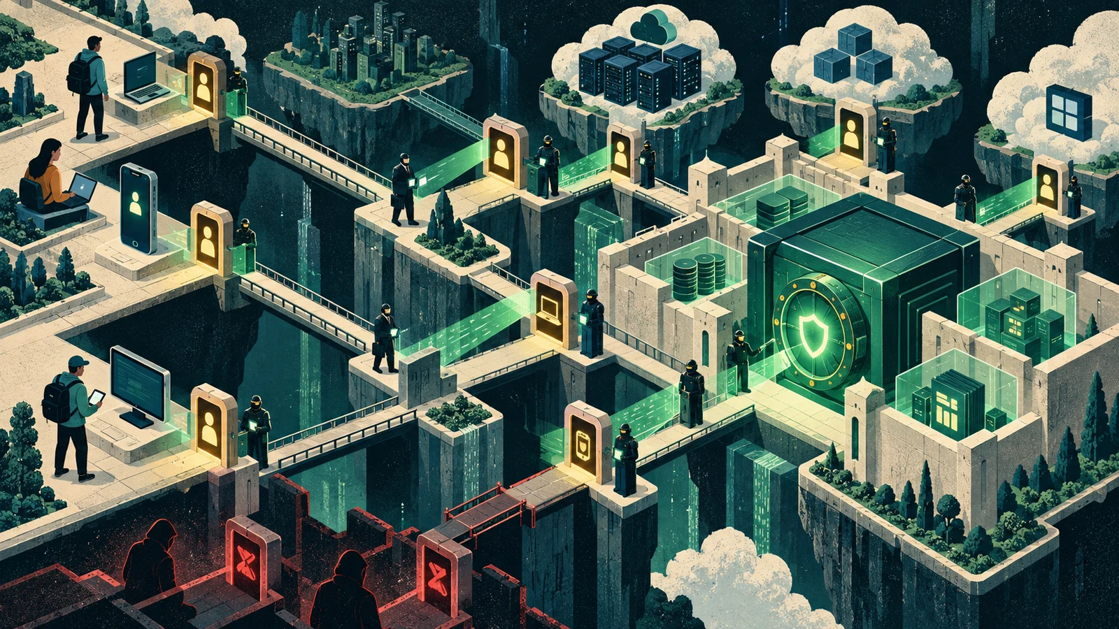 Illustrated cybersecurity scene for Zero Trust Architecture: NIST 800-207 in Practice